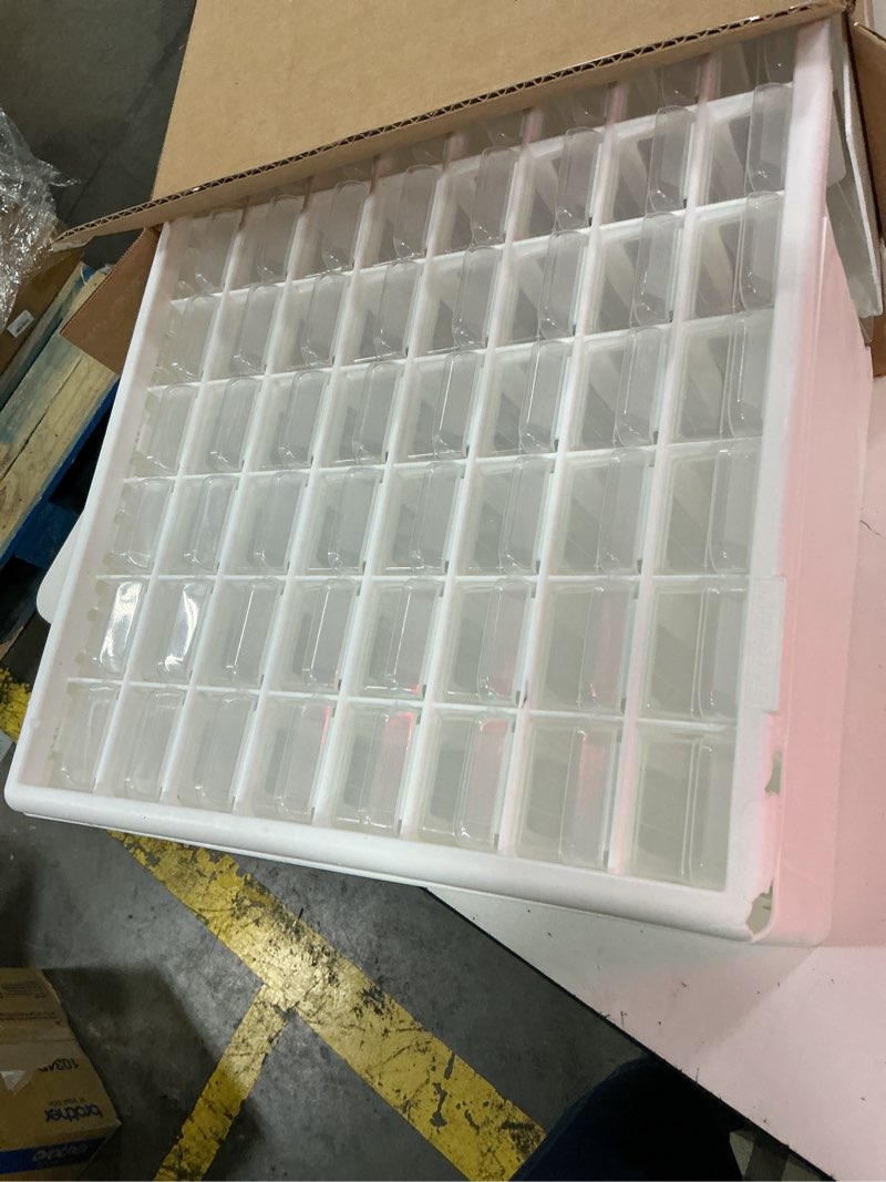 Condition photo showing As Is for akro-mils 64-drawer plastic drawer storage cabinet for garage organization, bead organizer, building bricks storage, teacher toolbox, makeup organizer, 20\" w x 6\" d x 16\" h, 10164 white white 64 drawer 1 pack