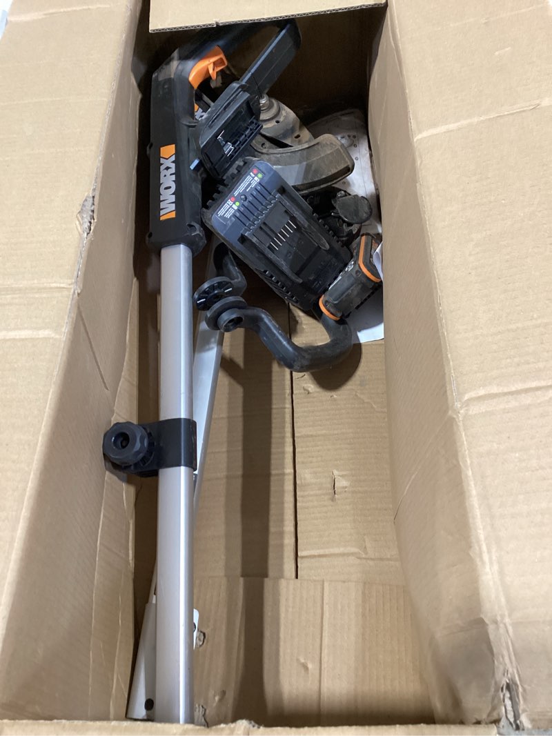 Condition photo showing As Is for worx nitro cordless lawn edger, 7'' grass edger with 3 depth settings, 20v electric edger with dual wheels & brushless motor, 4.0 ah battery & charger included, wg898 lawn edger w/(1) 4.0 ah battery