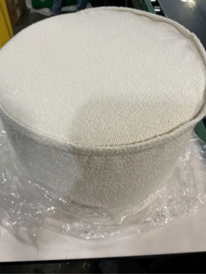 Condition photo showing Good Condition for Round Pouf Ottoman and Foot Rest, Soft Boucle Footstool Ottomans for Living Room, Comfort Sponge Stuffed Poofs for Couch Desk Resting Your Feet, White(17.1" D x 17.1" W x 14" H) White 17.1"D x 17.1"W x 14"H