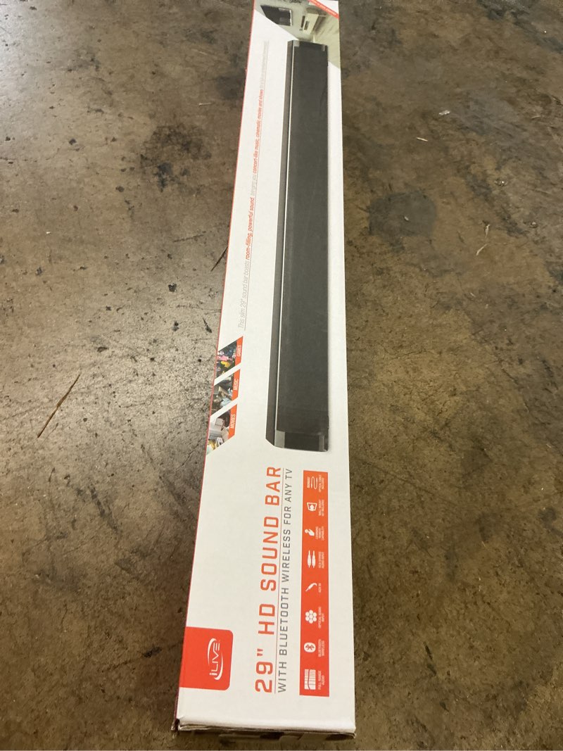 Condition photo showing New/Like New for ilive 29 inch sound bar with bluetooth, includes remote and mounting hardware, black (itb037bo)