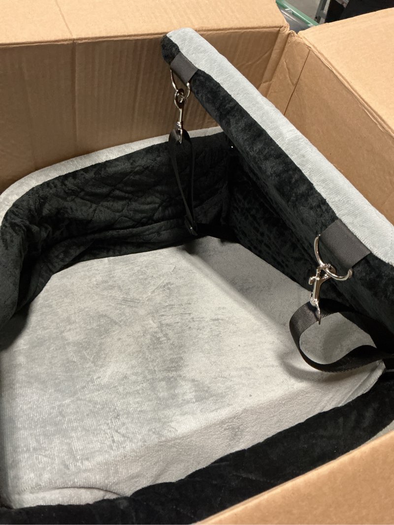 Condition photo showing As Is for dog car seat for medium/small dogs, dog booster car seat, pet booster seats up to 40lbs with waterproof layer, 3 storage pockets and safety belt (black/grey)