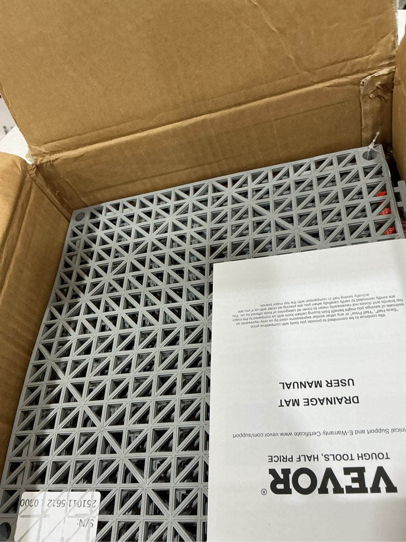 Condition photo showing New/Like New for vevor modular interlocking cushion, 12 pack 12" x 12" splicing drainage mats, soft pvc interlocking drainage floor tiles, non-slip drainage holes for restroom, bathroom, kitchen, pool, wet areas, gray grey 12"l x 12"w x 0.6"th 12