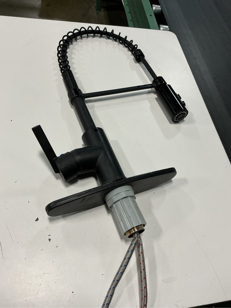 Condition photo showing As Is for project source flynt matte black single handle deck-mount pull-down kitchen faucet with sprayer