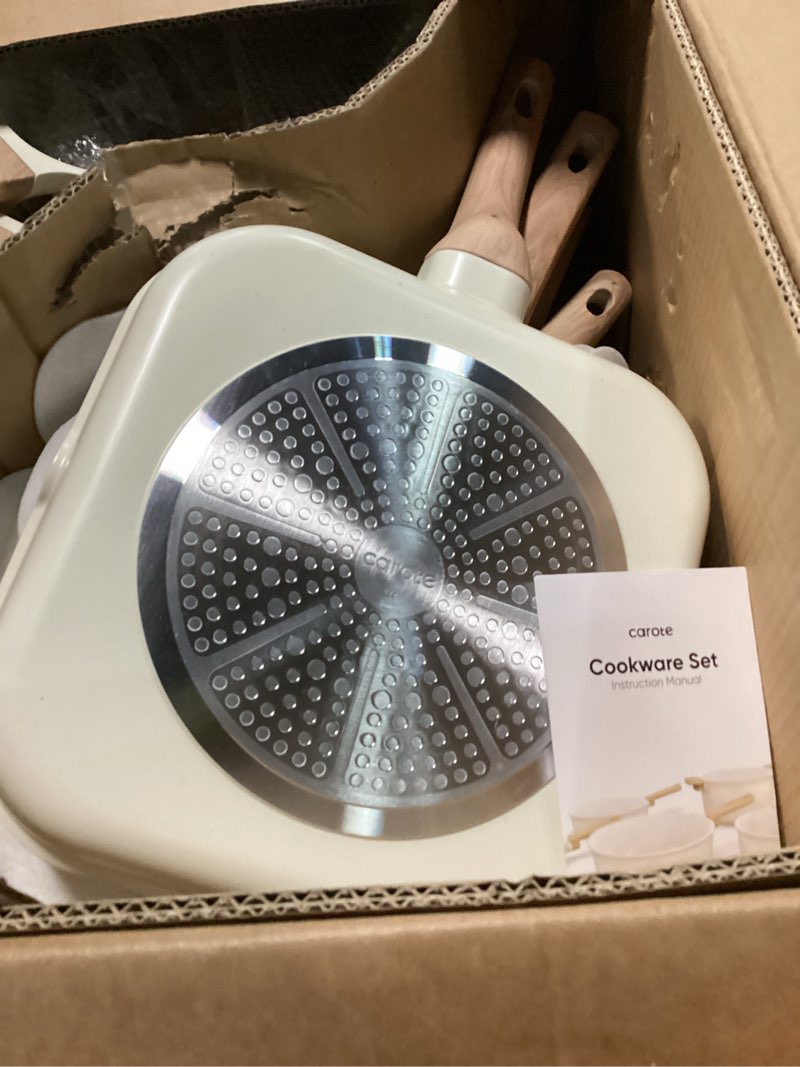 Condition photo showing Good Condition for CAROTE 21Pcs Pots and Pans Set, Nonstick Cookware Sets, White Granite Induction Cookware Non Stick Cooking Set w/Frying Pans & Saucepans(PFOS, PFOA Free)