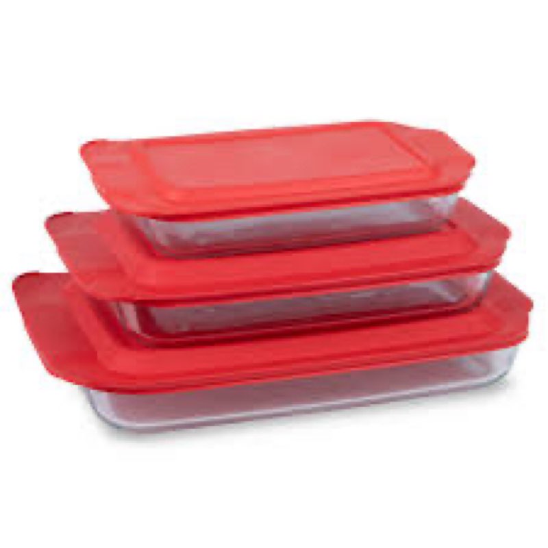 pyrex basics 3-pack glass baking dish set (2qt, 3qt, 4.8qt) with bpa-free lids, rectangular glass ba