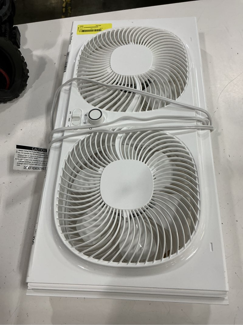 Condition photo showing As Is for mainstays 9'' 3-speed, reversable twin window fan, white