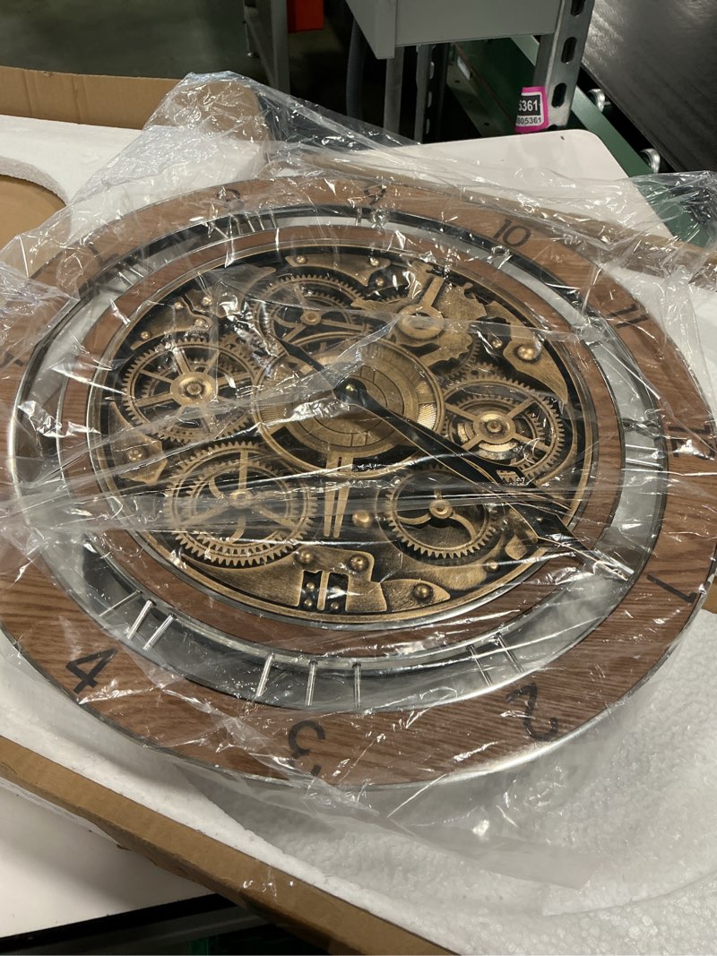 Condition photo showing New/Like New for Lafocuse Real Moving Gears Wall Clock Brown Vintage, 21 Inch Steampunk Gear Clocks with Arabic and Roman Numerals, Wooden Farmhouse Industrial Large Wall Clock for Living Room Decor Kitchen Home