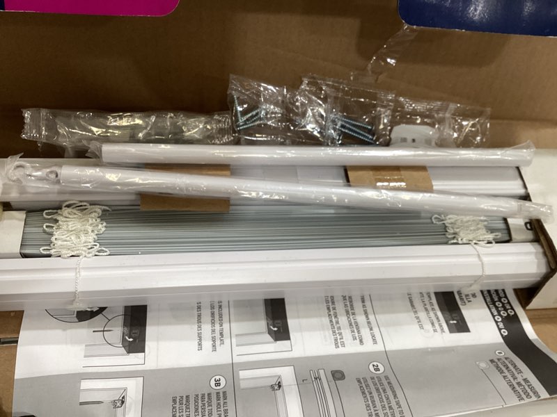 Condition photo showing As Is for levolor trim+go 1-in slat width 19-in x 64-in cordless white aluminum room darkening mini-blinds