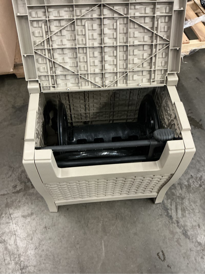 Condition photo showing As Is for suncast slide trak hideaway plastic 175-ft container hose reel