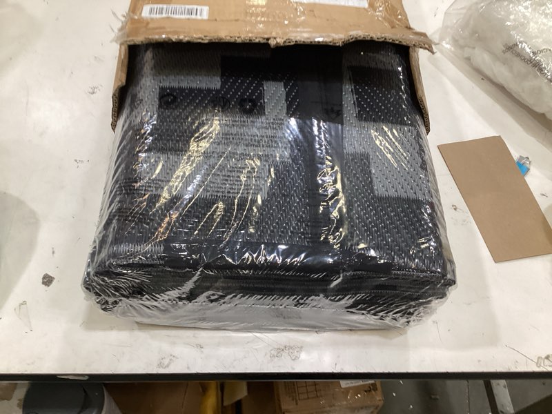 Condition photo showing Good Condition for sand mine waterproof outdoor rug 9x18 ft, plastic reversible rug, modern area rug, large floor mat for outdoors, rv, patio, backyard, deck, picnic, beach, camping, black grey lattice black & grey 9' x 18'
