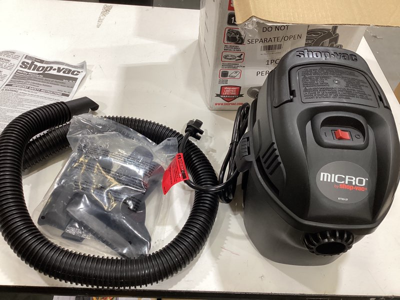 Condition photo showing As Is for shop-vac 2021005 1 gallon micro wet/dry vacuum, 1.0 peak hp, 1.25 inch diameter x 4 foot hose, 6 food cord, lightweight and portable, quick wet/dry pickup micro wet dry vacuum