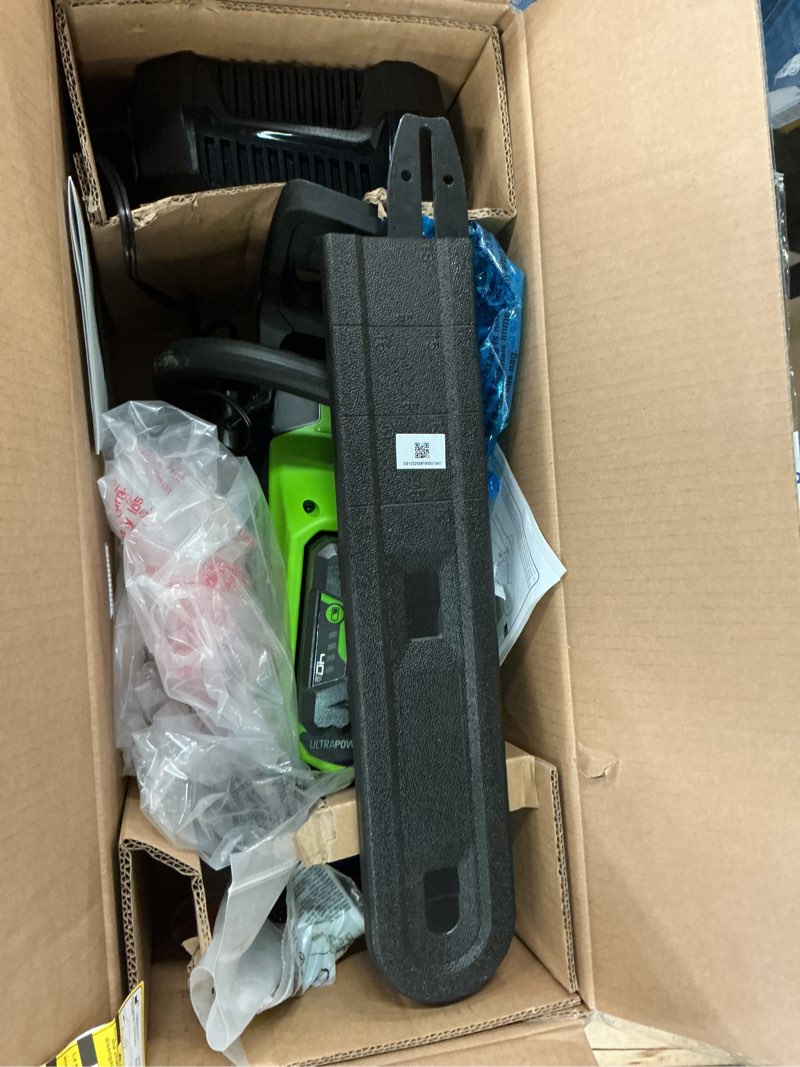Condition photo showing As Is for greenworks 60v 18" cordless chainsaw, 4.0ah battery and charger included