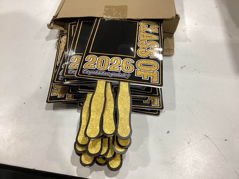 Condition photo showing Good Condition for 19 pcs personalized graduation fans custom photo fans with black golden flash handle, class of 2026 waterproof double sided graduation photo prop blank diy frame for grad party favors