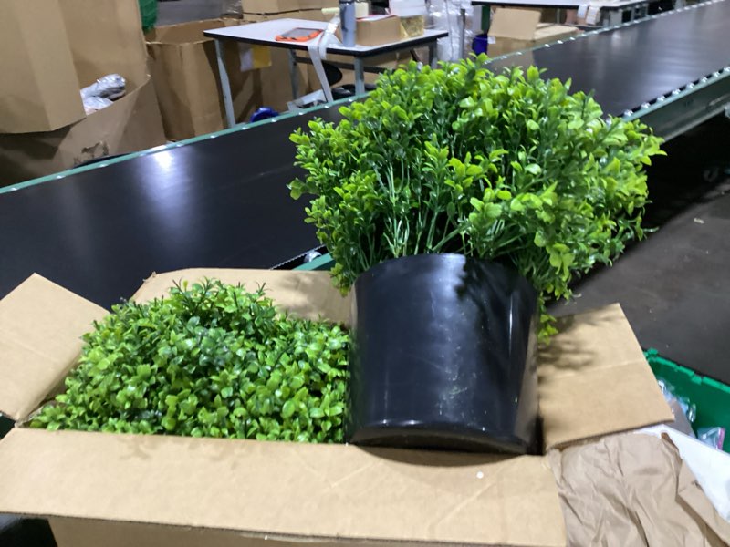 Condition photo showing New/Like New for set of 2 artificial boxwood topiary ball trees - uv resistant faux boxwood potted plants, spring summer greenery fake bushes for front door farmhouse garden porch outdoor decor
