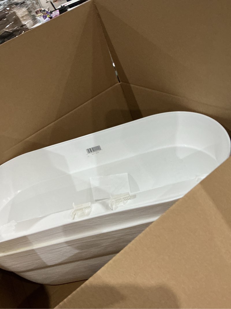 Condition photo showing As Is for bloomers railing planter with drainage holes – 24  weatherproof resin planter - white