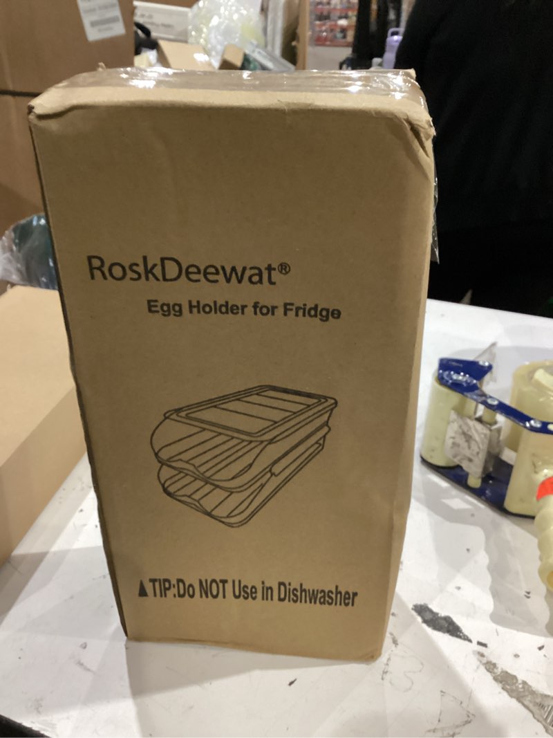 Condition photo showing New/Like New for roskdeewat egg holder for fridge, automatic rolling egg container -2 tier | stackable fridge organizers and storage with lid, sturdy clear plastic egg dispenser & tray for refrigerator