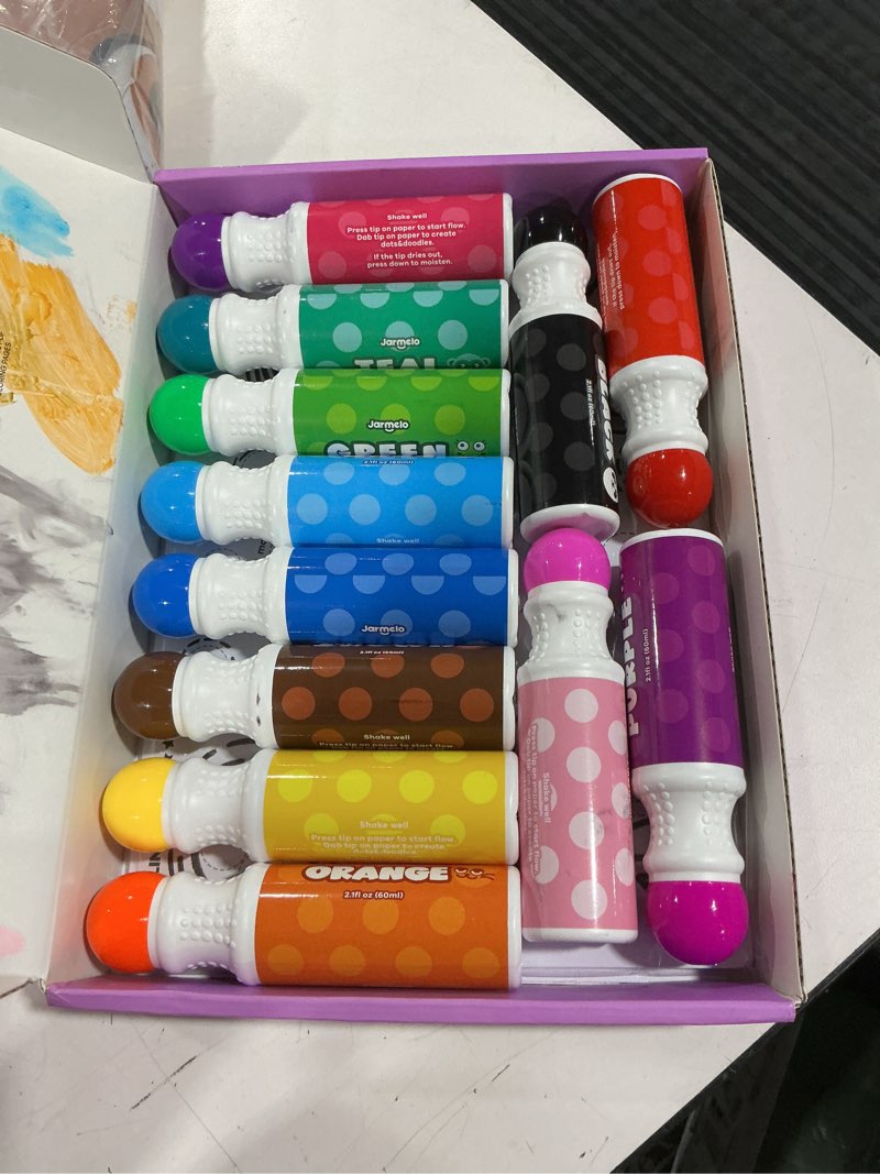 Condition photo showing As Is for jar melo washable dot markers for toddlers, 12 colors dot paints with 120 printed pdf & 20 activity papers, non-toxic bingo markers for kids arts and crafts gifts