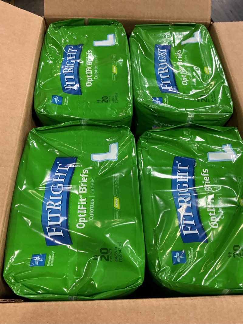 Condition photo showing New/Like New for fitright optifit extra adult briefs, incontinence diapers with tabs, moderate absorbency, large, 44 to 56", 80 count 80 count large