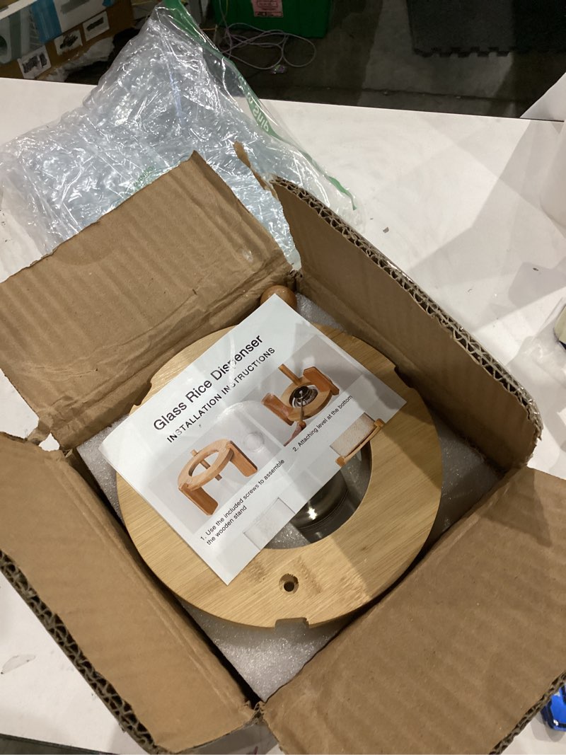 Condition photo showing Good Condition for HBlife 5-7 Lbs Glass Rice Dispenser with Wooden Stand Flour and Cereal Container with Glass Measuring Cup Pantry Food Organization Storage Bin with Airtight Bamboo Lid, 3L