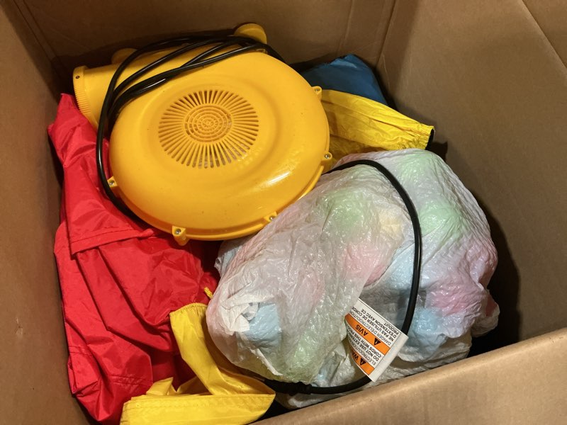 Condition photo showing As Is for inflatable bounce house with blower, jumping castle slide, kids bouncer with ball pit, basketball rim, dart target game