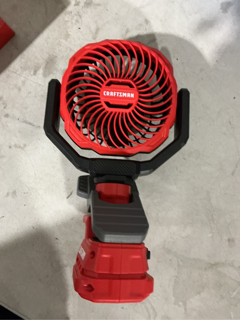 Condition photo showing As Is for craftsman 4-in indoor desk fan, battery powered, in red and black