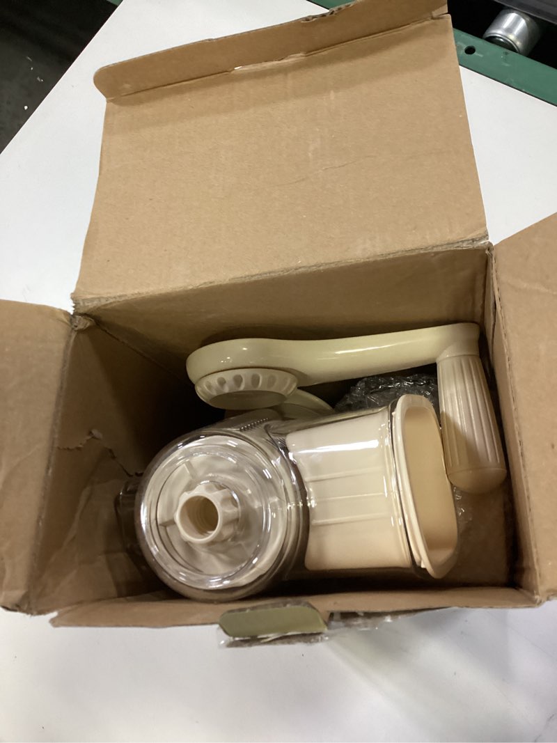 Condition photo showing As Is for SUSTEAS Rotary Cheese Grater with Handle - Vegetable Shredder with 5 Well-designed Blades & Strong Suction Base,Round Mandoline Slicer & Food Chopper for Kitchen,with Blade Storage Box(Beige)