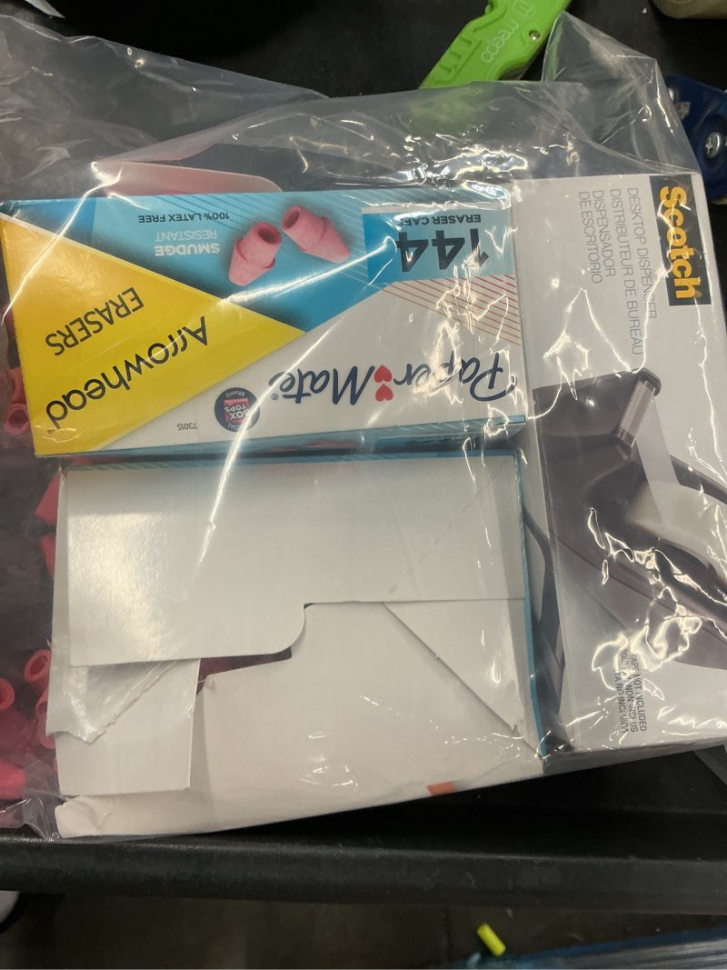 set of 3 miscellaneous office supply items (2 boxes paper mate arrowhead erasers, scotch desk top dispenser)