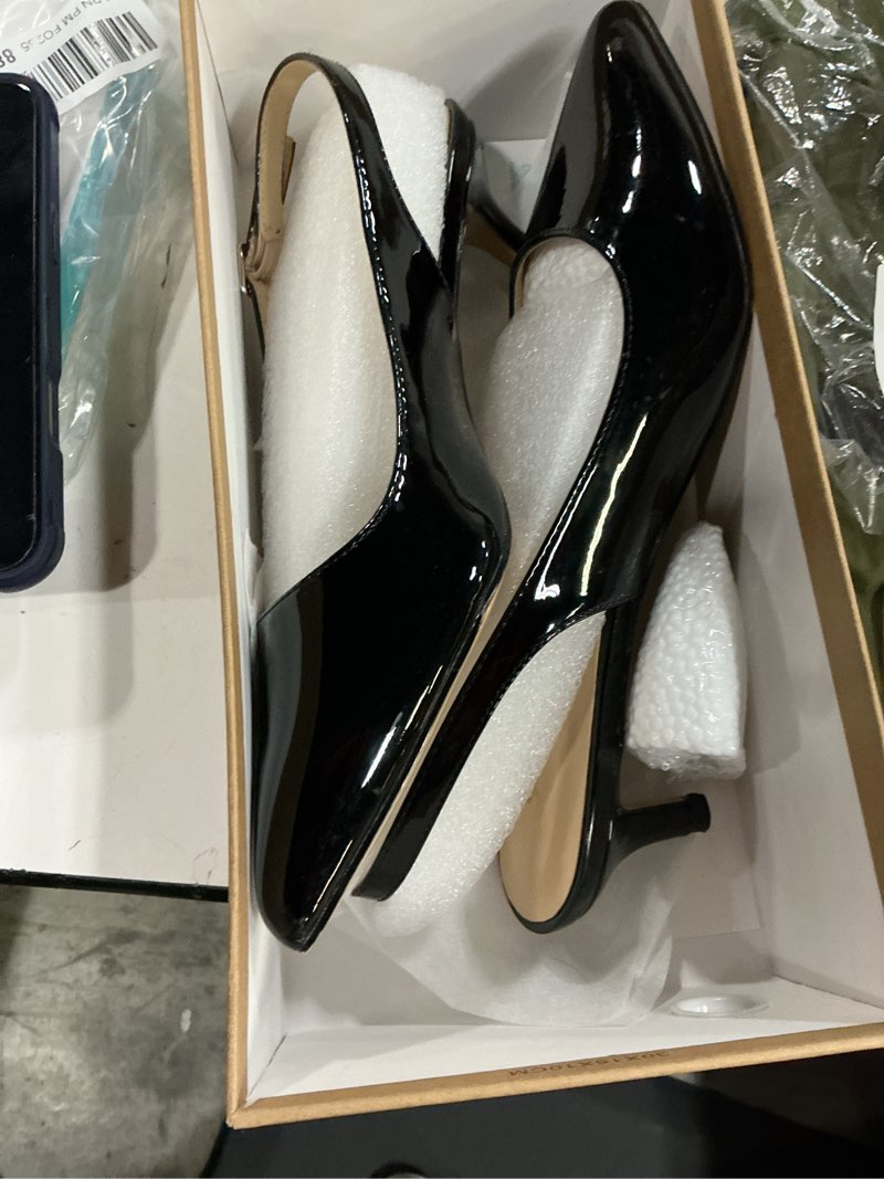 Condition photo showing New/Like New for elisabet tang kitten heel low pumps 2.4 inch closed pointed toe short sexy comfort women dressy shoe at work office date prom party wedding church 7.5 black patent