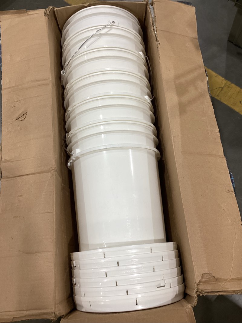 Condition photo showing Good Condition for 5 gallon bucket - food grade w/lid bpa-free, 6 pack - white | airtight gasketed tear strip lid, heavy-duty 90 mil hdpe plastic pail, bulk storage, food safe durable container, made in usa white 6 packs