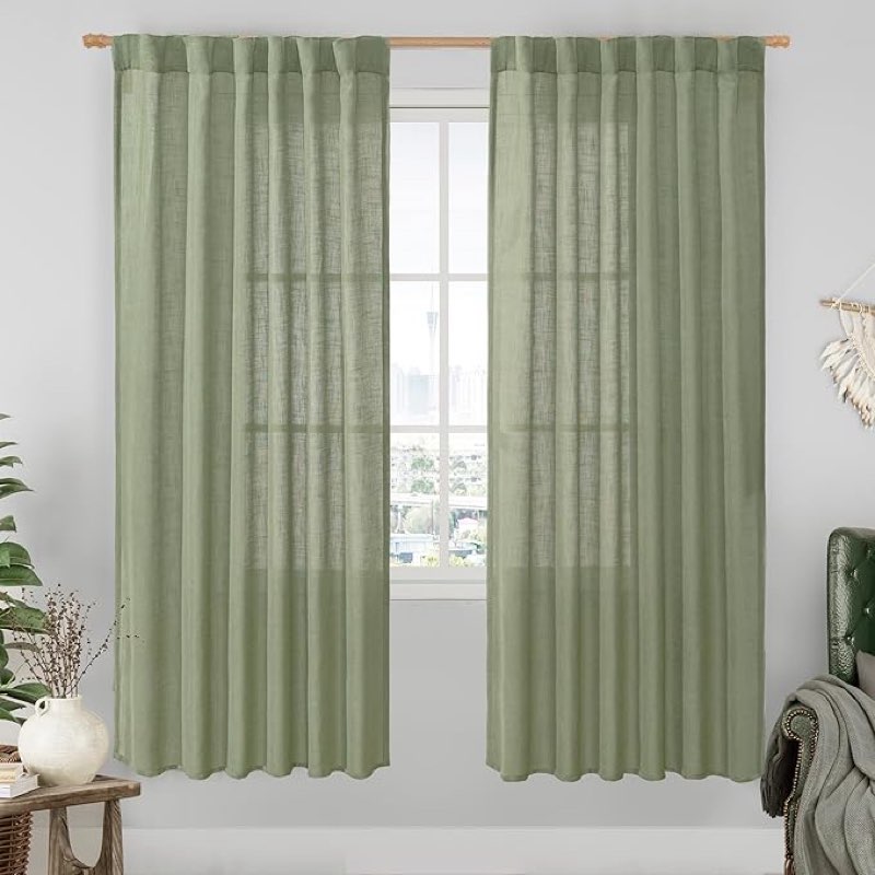 lamit sage green linen curtains for living room, 78 inch length, light filtering semi sheer panels w