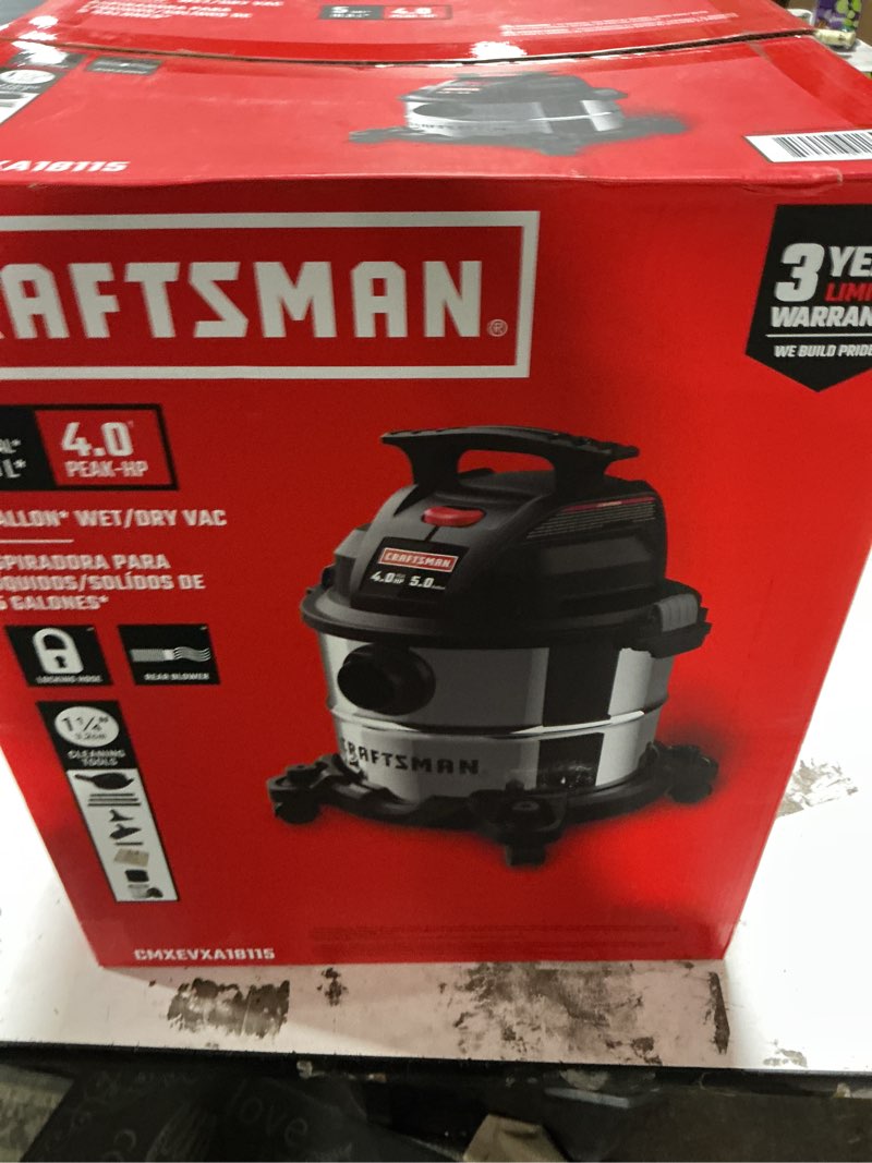 Condition photo showing Good Condition for craftsman 5-gallon 4-hp corded wet/dry shop vacuum with accessories included