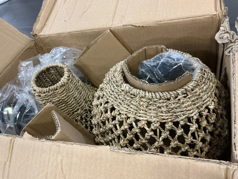 Condition photo showing As Is for 2-pack rattan pendant light,11.03" boho hand woven coastal brown wicker hanging lighting for farmhouse dining room kitchen bedroom hallway l11.03" *h13.79"