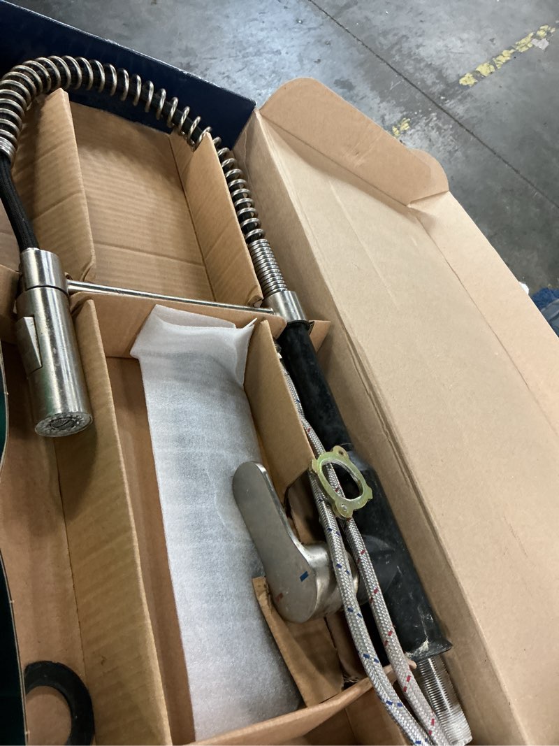 Condition photo showing Good Condition for project source flynt matte black 1-handle deck-mount pull-down handle kitchen faucet (deck plate included)