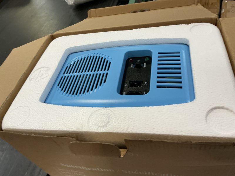 Condition photo showing New/Like New for crownful mini fridge, 4 liter/6 can portable cooler and warmer personal fridge for skin care, cosmetics, food,great for bedroom, office, car, dorm, etl listed (blue)