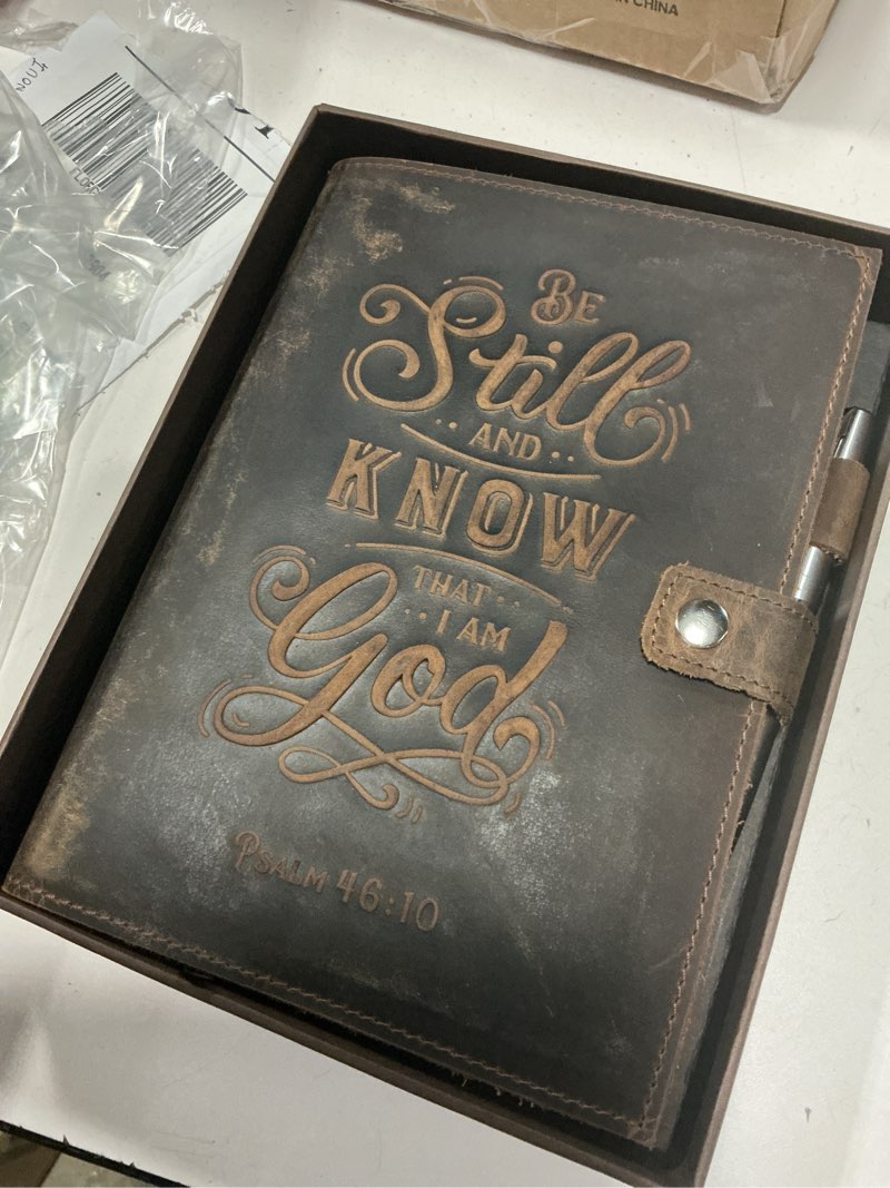 Condition photo showing New/Like New for moonster refillable psalm 46:10 bible verse embossed journals with pen – milled a5 leather journal lined paper - journals for women notebook with pen holder - 320 pages