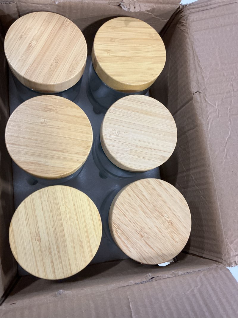 Condition photo showing Good Condition for suclain 6 pcs 10 oz glass jars with airtight lids overnight oats containers with bamboo lids glass food storage container mason jars for snack yogurt chia candy spice sugar bamboo 10 oz