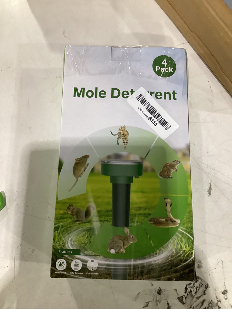 Condition photo showing As Is for 4 pack mole repellent solar powered, snake & skunk & vole & gopher & armadillo & rabbit & groundhog 