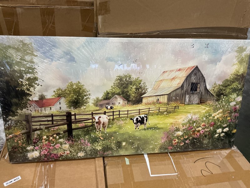 ERAPDAUR American Farm 90s Canvas Wall Art Retro Country Cows Farmhouse Barn Landscape Watercolor Painting Picture Wall Decor Poster Print Artwork for Living Room Office Home Decoration 23x43