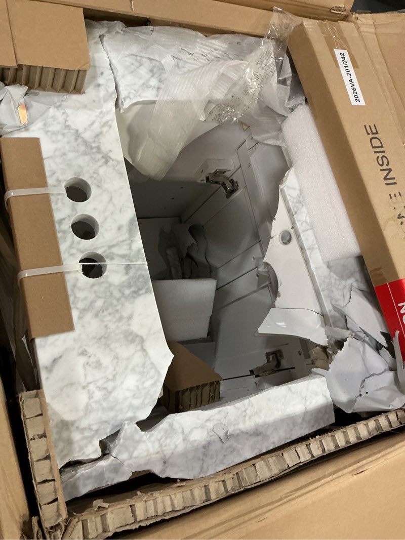 Condition photo showing As Is for (sink broken)allen + roth roveland 24-in white undermount single sink bathroom vanity