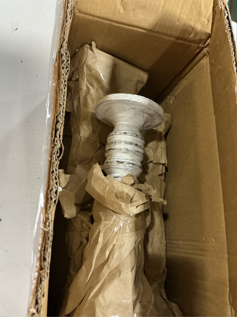 Condition photo showing As Is for designs pillar candle holder for pillar candles, small wooden candlestick holders, farmhouse candle holders for table centerpiece, rustic candle holder set of 3, (18", 15", 12"), white rustic