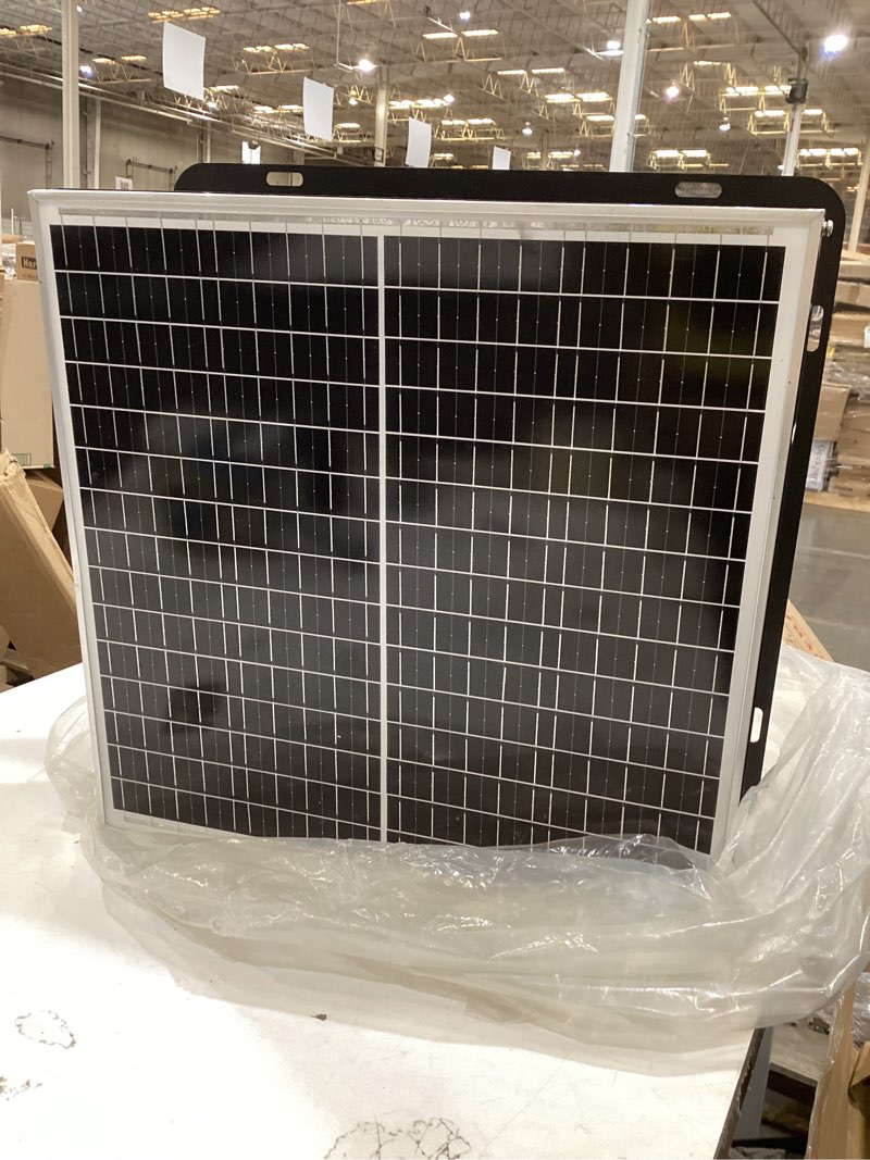 Condition photo showing As Is for 40w solar attic fan, 12 inch 2000 cfm solar powered roof exhaust fan, controller-free auto ventilation, heavy-duty copper motor weatherproof vent for home, garage, greenhouse, shed black