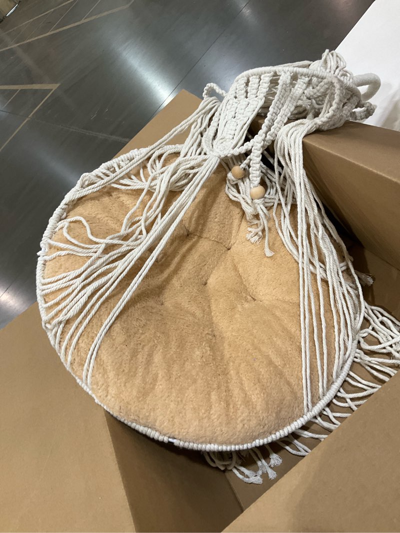 Condition photo showing As Is for Macrame Cat Hammock Hanging Cat Bed - Boho Wall Hanging Cat Hammock for Indoor Outdoor Home Decor, Pet Cat Swing Bed for Sleeping, Playing and Lounging