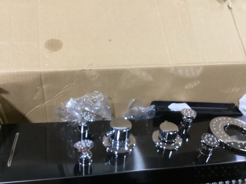 Condition photo showing As Is for RUMOSE Matte Black Shower Panel Tower System, 5-Function Shower Faucet Set LED Light Rainfall Shower Head Digital Display with Massage Jets Tub Spout Shower Shelves, Stainless Steel, Wall Mount