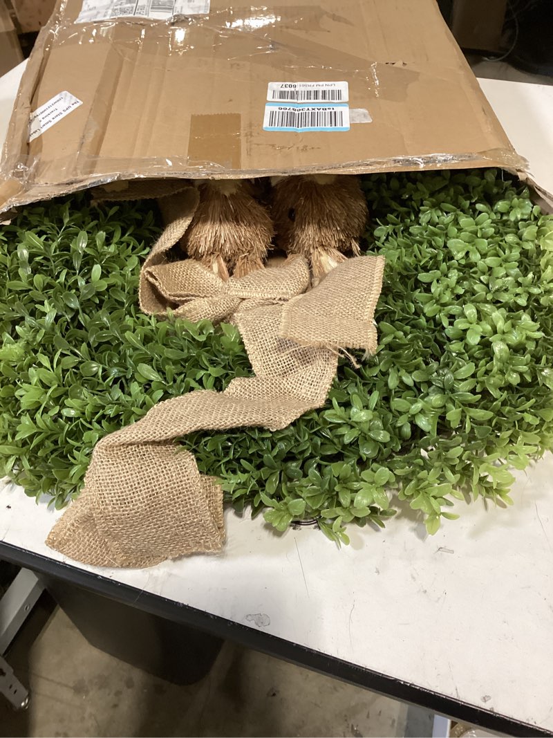 Condition photo showing New/Like New for 22" spring easter wreath for front door - easter bunny wreath - artificial green boxwood wreath with burlap bow & sisal bunnies - spring easter holiday decor for home door, porch, wall,window