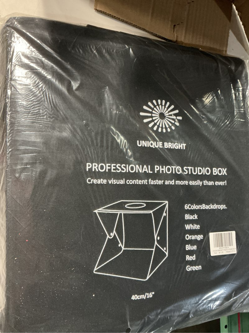 Condition photo showing New/Like New for photography light box photo studio kit 3 color lighting tent 160 led portable white booth display product food/jewelry with mini tripod & 6 background(16x16inch)