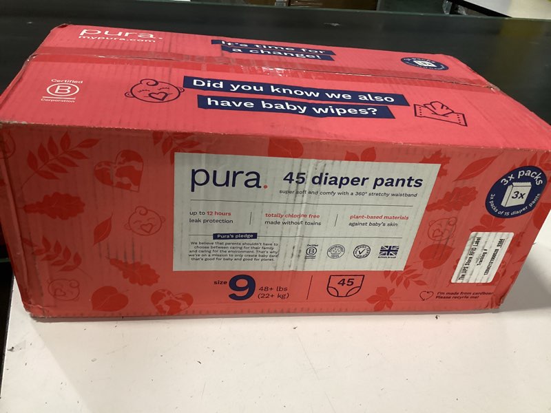 Condition photo showing New/Like New for Pura Hypoallergenic Diaper Pants Size 9 (48+ lbs) Overnight, up to 12 Hours Leak Protection, Suitable for Sensitive Skin, Totally Chlorine Free, Soft Organic Cotton, 3 Packs of 15 (45 Pull Up Pants) Size 9 45