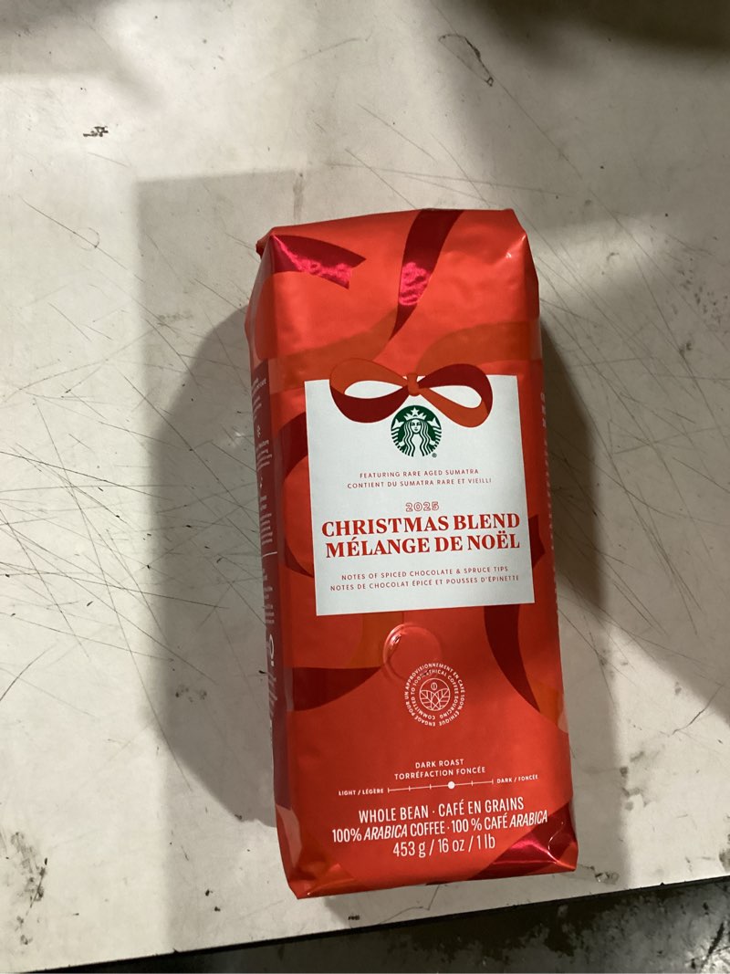 Condition photo showing New/Like New for starbucks christmas blend whole bean coffee 16oz, dark roast 100% arabica, rich spiced chocolate & spruce notes, limited holiday edition, bold, festive flavor from sumatra & latin america