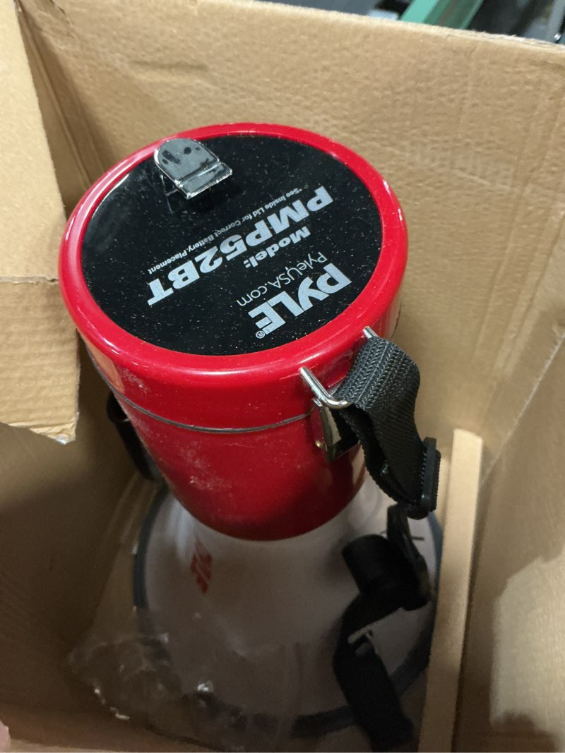 Condition photo showing As Is for Pyle Portable Megaphone Speaker PA Bullhorn-Built-in Siren, 50W Adjustable Volume Control &1200 Yard Range-Ideal for Any Outdoor Sports, Cheerleading Fans & Coaches or for Safety Drills - PMP52BT