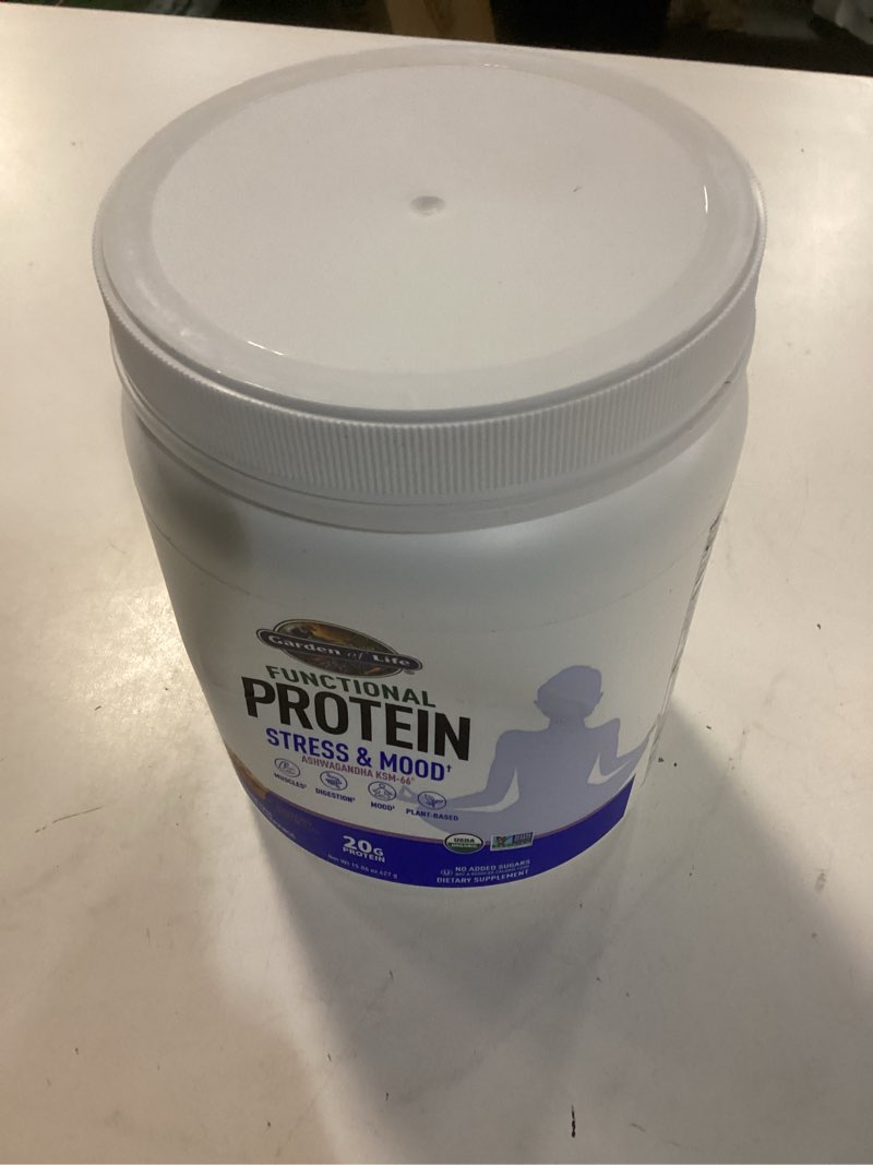 Condition photo showing New/Like New for Garden of Life - Functional Protein Stress Relief - 20g Organic Sprouted & Fermented Protein Blend - Blueberry Muffin, Mood Blend for Stress Management, Ashwagandha KSM-66, Vegan - About 14 Servings