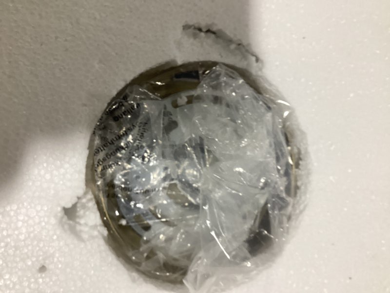 Condition photo showing As Is for Semi Flush Mount Ceiling Light with 11.02" Clear Seeded Glass Shade, E26 Base Gold Mid Century Chandelier Farmhouse Light Fixture for Hallway Bathroom Entryway